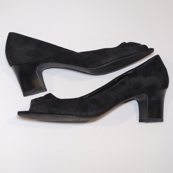Franco Sarto Suede Leather Pumps Black Peep Toe Block Heels Size 10 - Picture 6 of 11